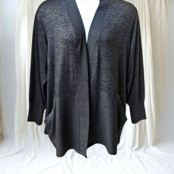 NWOT JOAN VASS NEW YORK Plus Size Black Ribbed Cardigan With Deep Pockets 1X - Picture 1 of 12